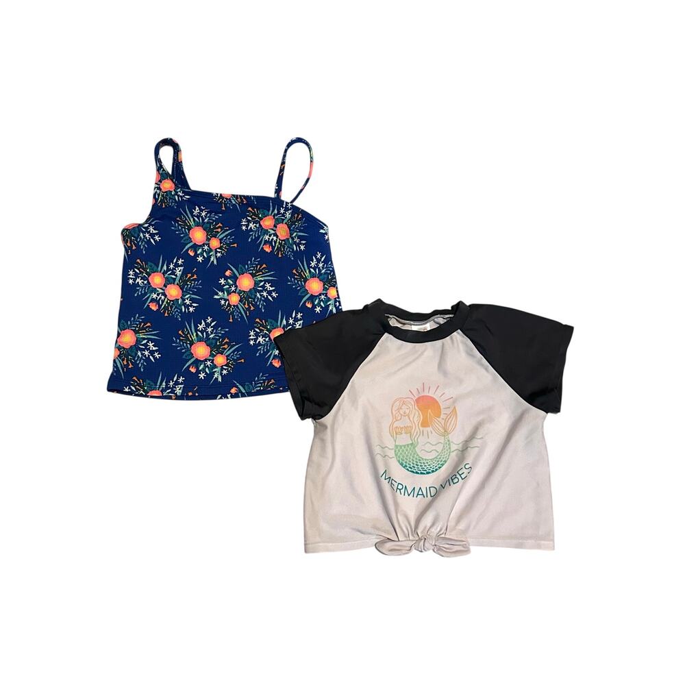 Cat & Jack Girls Swim Top Bundle Size M (8) Mermaid Rash Guard + Floral Tankini